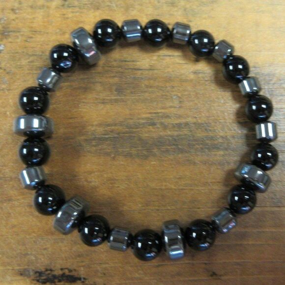 MERRISOTA JEWELRY Black Jade Hematite Stretch Bracelet Size 6 3/4" Gemstones NEW - Picture 1 of 6